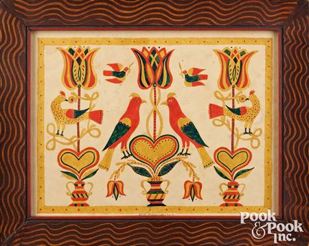 Fraktur drawing of tulips, tulip trees, and birds