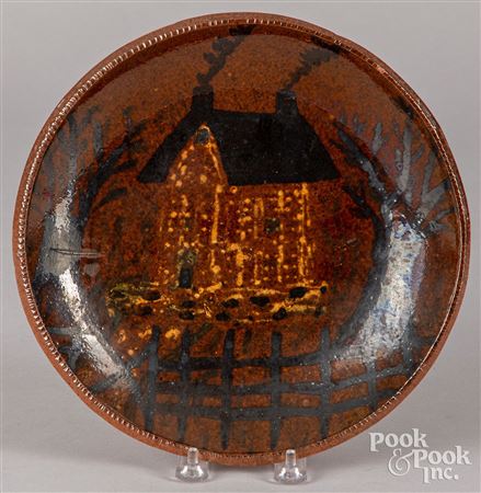 Redware Plate with House Decoration