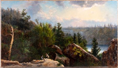 NEW ENGLAND LANDSCAPE WITH HUNTERS AND DOG IN THE FOREGROUND