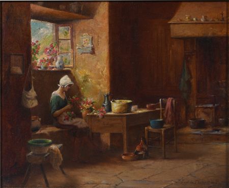 WOMAN IN A KITCHEN ARRANGING FLOWERS