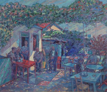 In the coffee shop by Lefteris Economou - Auction record, sale price, and art valuation. Compare with similar artists and explore comparable artworks.