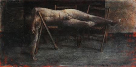 Model lying on chairs in workshop