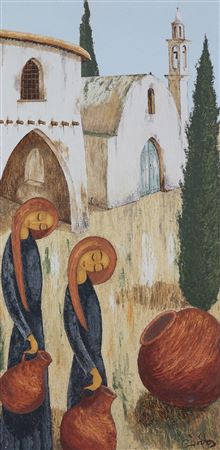 Water carriers with the church in the background