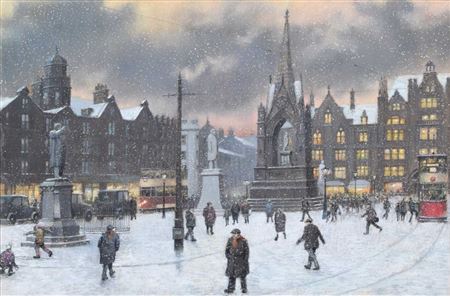 Snow in Albert Square, Manchester by Tom Brown - Auction record, sale price, and art valuation. Compare with similar artists and explore comparable artworks.