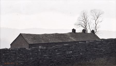 BUILDINGS, TREES AND A STONE WALL