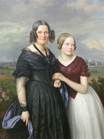Bildnisse zweier Frauen, vor weiter Landschaftskulisse stehend, wohl Mutter und Tochter. Berlin 1847.
