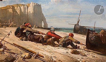 The Hauling of a Canoe, souvenir of the beach of Étretat, English Channel, 1856