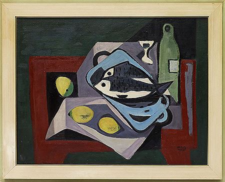 Abstract Still Life with Lemons and Fish by Walter Meinig - Auction record, sale price, and art valuation. Compare with similar artists and explore comparable artworks.
