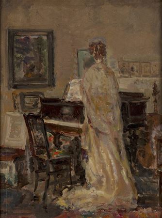Portrait of a Lady in front of a piano (with 'Donkeys on the Beach in Robin Hood's Bay' on the reverse); by Dame Ethel Walker - Auction record, sale price, and art valuation. Compare with similar artists and explore comparable artworks.
