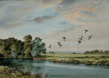Ducks in flight over a lake