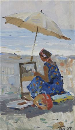 Woman sitting on the beach, 1953