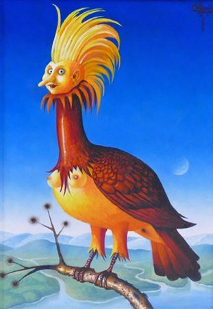 Surrealist mythical creature in the background mountains and rivers