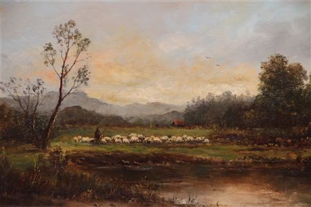 Romantic Landscape with Sheep Herd by the Pond