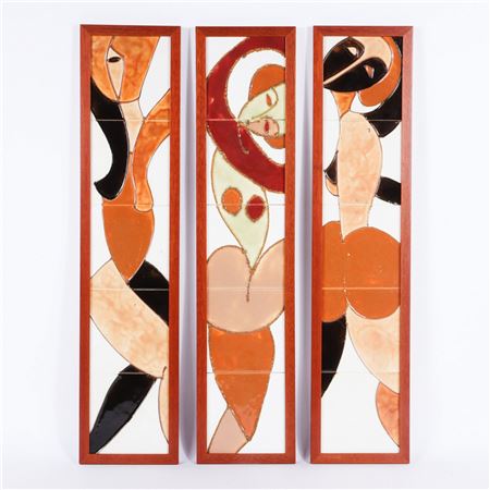 Deco Abstract Female Dancer Figures, Triptych Tile Set