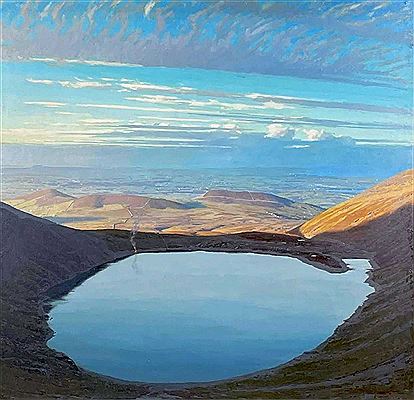 Landscape at 'Marchlyn Mawr', Eryri (Snowdonia), with reservoir and smoking campfire by David Woodford - Auction record, sale price, and art valuation. Compare with similar artists and explore comparable artworks.