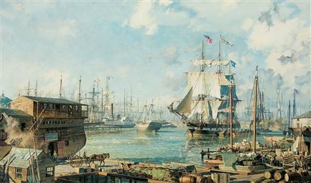 Sample artwork by John Stobart (1929 - 2023), known for nostalgic harbor scenes, sailing ship - View similar artists and auction records