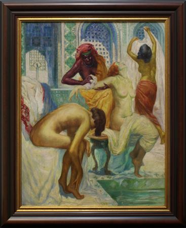 Oriental harem scene, odalisque with dark-skinned servant and two other women in the bathhouse