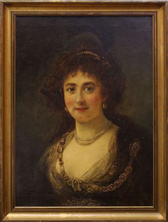 Portrait of a patrician woman, probably Rembrandt's wife Saskia, with golden necklace and pearl jewelry, as shoulder piece