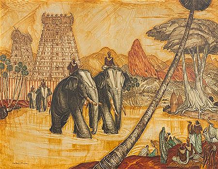 The Sacred Elephants in Madurai by Andre Maire - Auction record, sale price, and art valuation. Compare with similar artists and explore comparable artworks.