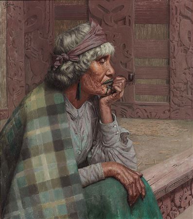 Reverie: Ena te Papatahi, a Ngapuhi Chieftainess (Ina Te Papatahi, Ngā Puhi) 1916 by Charles Frederick Goldie - Auction record, sale price, and art valuation. Compare with similar artists and explore comparable artworks.