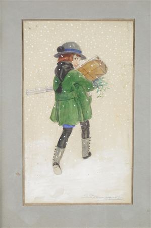Young girl in a green coat carrying gifts in the snow by Luigi Bompard - Auction record, sale price, and art valuation. Compare with similar artists and explore comparable artworks.