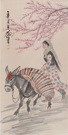 A young beauty with pack mule beneath cherry blossoms