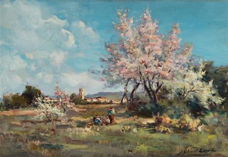 Spring landscape with figures by Josep Olivet Legares - Auction record, sale price, and art valuation. Compare with similar artists and explore comparable artworks.