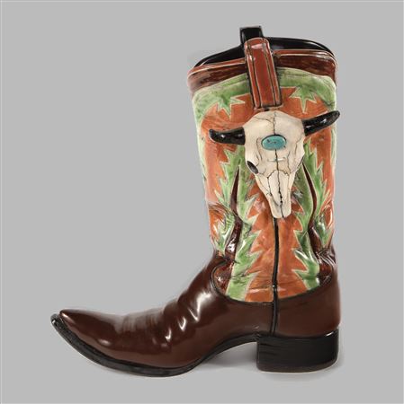 Ceramic Cowboy Boot Vase with Inlaid Turquoise, 1995