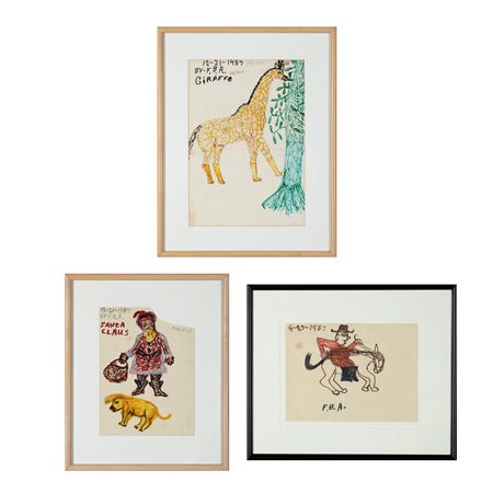 Group of Three Drawings: Giraffe, 1987 + Santa Claus, 1987 + Rodeo Rider, 1987