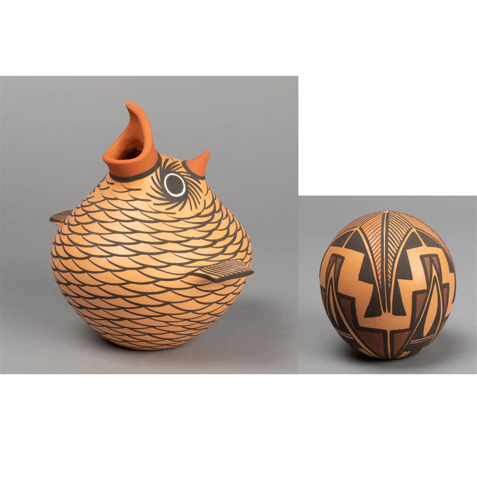 Pair of Pottery Vessels: Storyteller Owl, 2014 + Polychrome Seed Pot, 2013