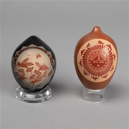 Sgraffito Pair: Seedpot with Sun + Seedpot with Hummingbirds