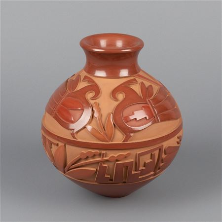 Carved Redware Jar with Yucca Design
