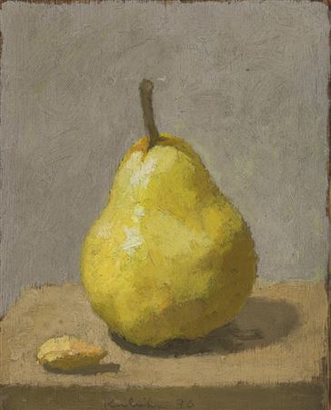 "Single Yellow Pear With An Almond On A Light Grey Background", 1990