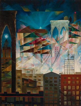 Brooklyn Bridge At Night, 1957 by August Mosca - Auction record, sale price, and art valuation. Compare with similar artists and explore comparable artworks.