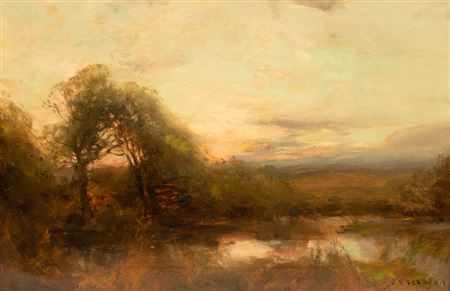 Sunset Landscape/with stream and trees to the foreground