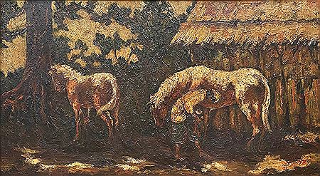 White Horses in front of the Stable