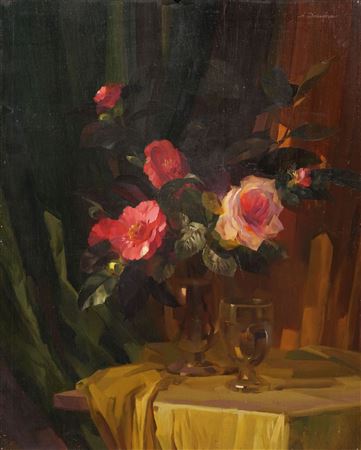 Stilleben mit Kamelienzweigen und Rose.