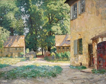 Sommertag im Hellergut (Blick auf die Einfahrt mit den Aussiedler-Hdusern).