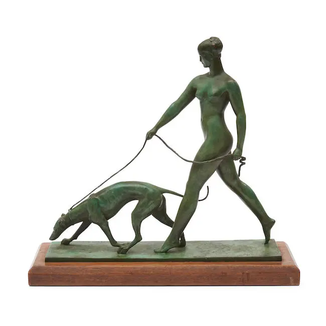 French Deco bronze nude with dog