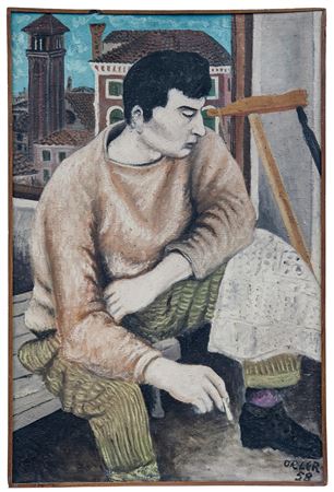Portrait of his artist friend sitting at a window parapet and reading a newspaper while smoking, in the background view over a roofscape