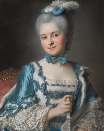 Portrait of a lady, bust-length, wearing a blue dress and holding a fan, seated on a Louis XV chair, said to be Madame Cailloux