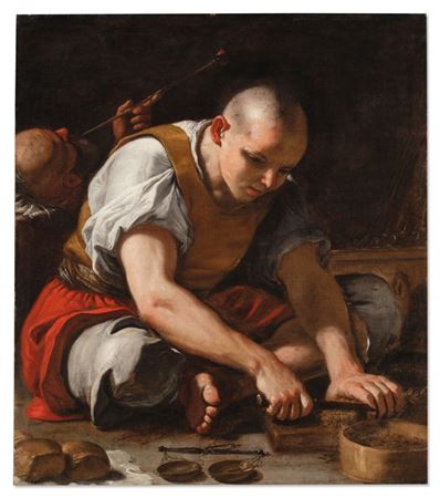 Man cutting a block of tobacco with another figure smoking a pipe behind