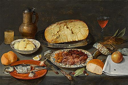 Still life with a herring, cheese, preserved fruits and nuts, bread, butter, and a wineglass and jug, all on a draped table