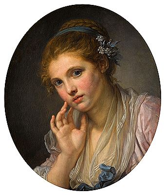 Portrait of a girl, bust-length, wearing a pink dress, diaphanous shawl and blue ribbon with flowers in her hair