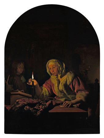 A young woman sealing a letter by candlelight