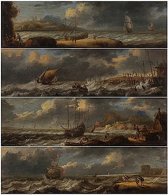Group of four coastal scenes with Dutch vessels in stormy weather