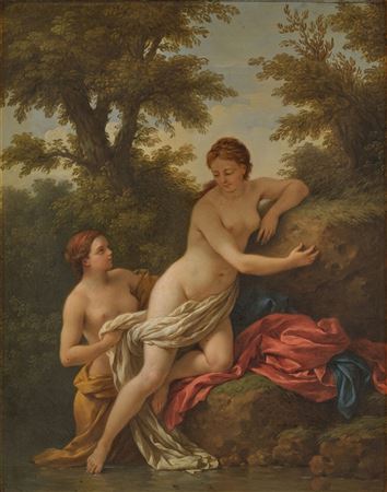 Two bathers by a secluded stream