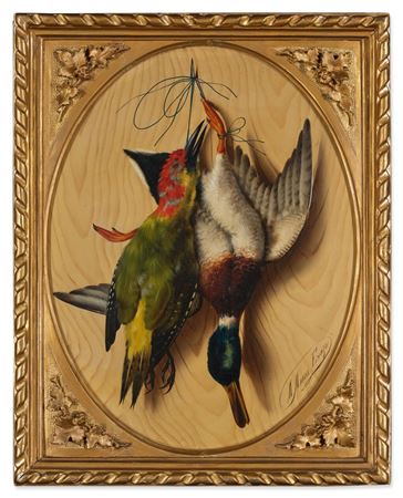 Trompe l'oeil Still life with a Green Woodpecker and a Duck