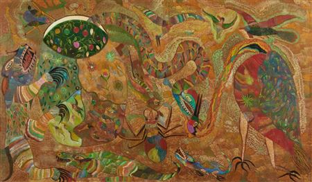 Sample artwork by Francisco Da Silva (1910 - 1985), known for pointillist, symbolic paintings of dragons, serpents, fish, birds - View similar artists and auction records