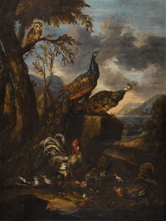 A monumental landscape with peacocks, peahens, cockerels, chickens, an owl and other birds